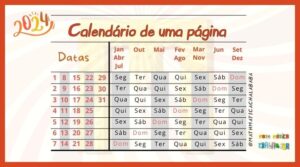 Calendário de uma página 2024